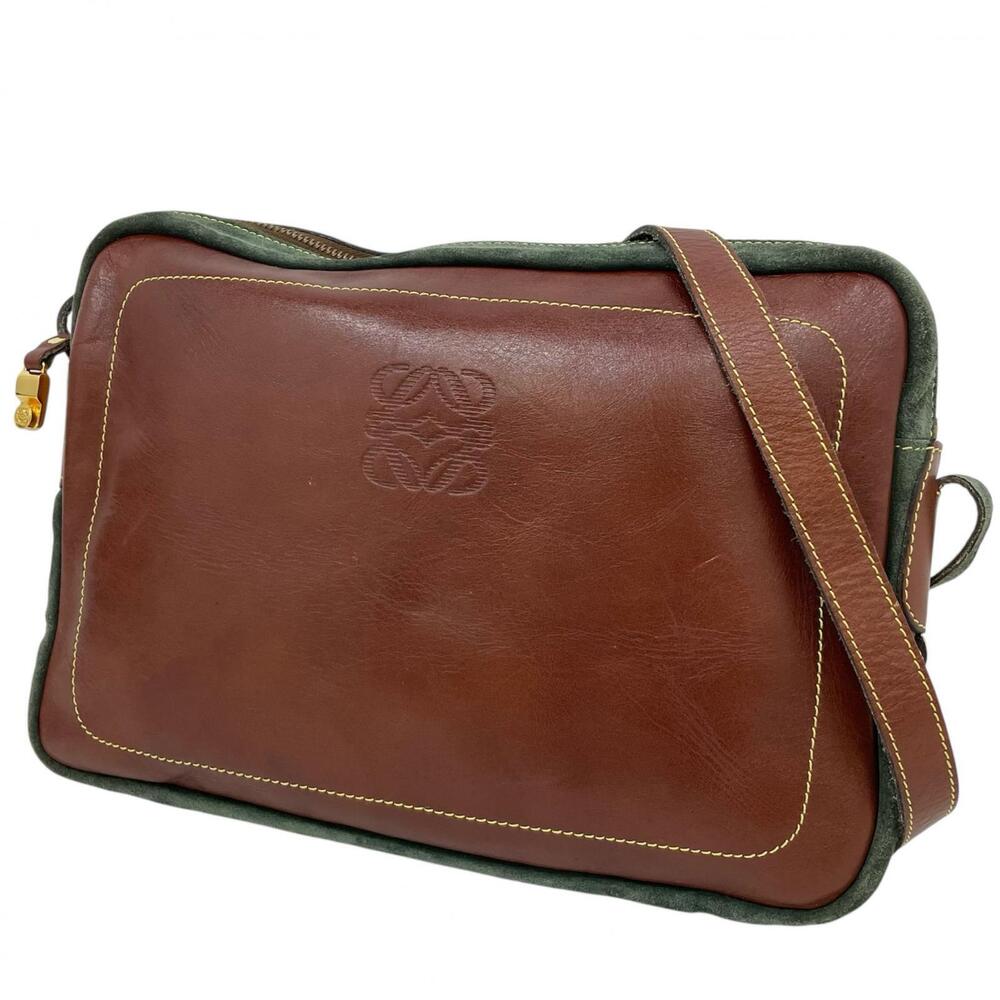 Loewe Leather x Suede Shoulder Bag Brown Green